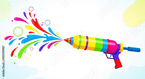 Colorful water gun shooting vibrant multicolored paint splashes in playful fun