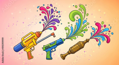 Colorful water guns and bottle spraying vibrant paint splashes in playful fun