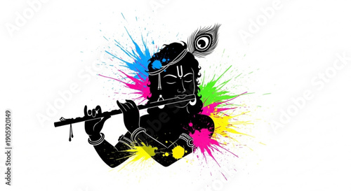 Hindu deity krishna playing flute with colorful paint splashes vibrant illustration for cultural and spiritual concepts