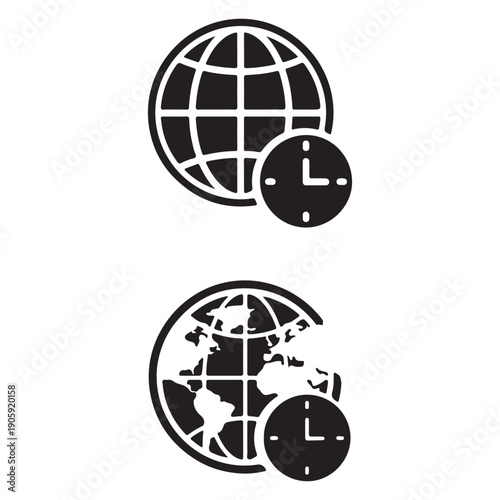 Global Time Zone Clock and Earth Globe Icon - World Time Management and Logistics Vector