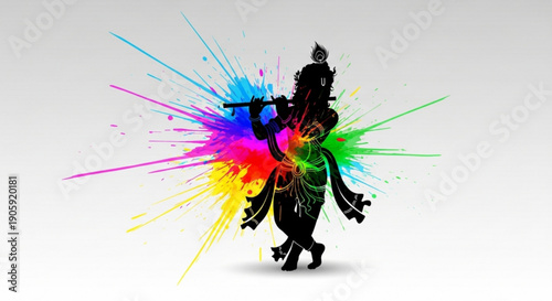 Silhouette of a dancing figure with vibrant colorful paint splashes on a gray background expressing joy and creativity in a dynamic artistic motion