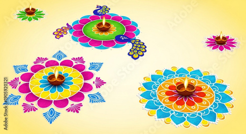 Vibrant diwali rangoli designs with peacock and floral patterns on yellow background