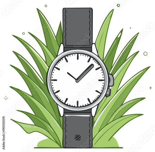 Classic Round Wristwatch with Gray Band on Green Grass, Time Concept Illustration