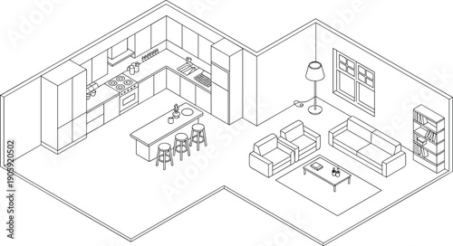 Isometric kitchen living room vector, modern interior design illustration, open concept home drawing, furniture layout artwork, architectural visualization sketch