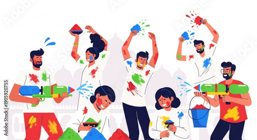 Group of people celebrating holi festival with colorful powder and water guns in joyful atmosphere