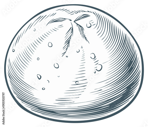 Fresh baked bread loaf with textured surface showcasing rustic style etching in monochromatic illustration style