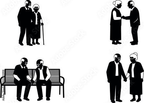 Senior elderly couple silhouettes set featuring older people holding hands walking and sitting on bench together representing aging love and companionship