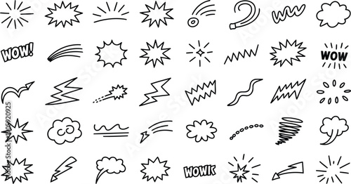 Hand Drawn Comic Book Graphic Elements Vector Set - Speech Bubbles Starbursts Lightning Bolts and WOW Text