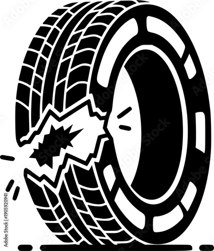 Punctured car tire with damaged sidewall, representing vehicle trouble
