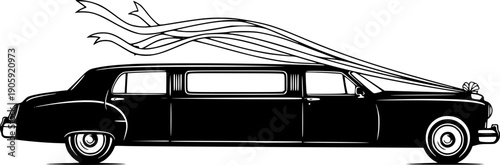 Limousine silhouette with ribbons, symbolizing wedding celebrations and upscale travel
