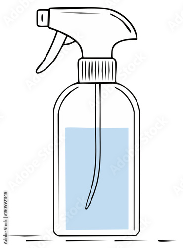 Outline drawing of a household spray bottle with blue liquid for cleaning and sanitizing
