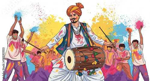 Vibrant holi celebration with man playing drum surrounded by colorful powder throwing friends in traditional indian attire
