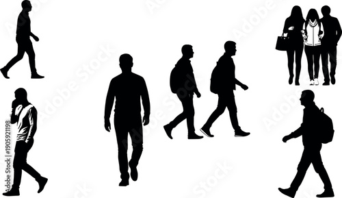 Set of black silhouettes featuring people walking in various poses, pedestrians with backpacks, commuters traveling, and groups strolling on white.