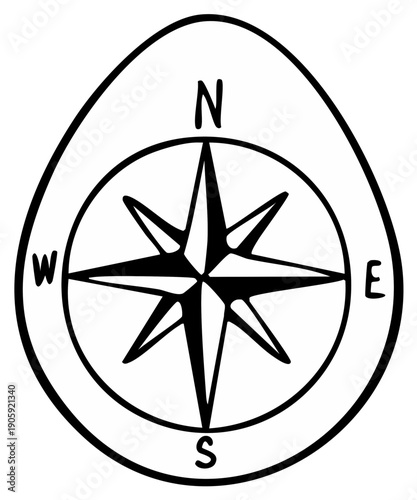 Black and White Hand Drawn Compass Rose Symbol for Navigation and Guidance