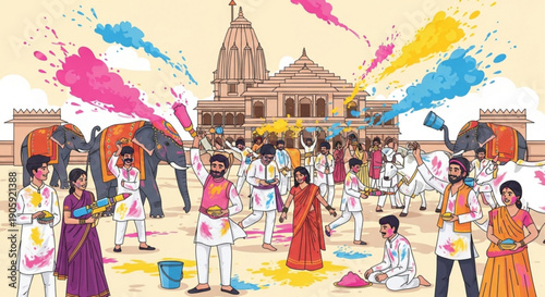 People celebrating holi festival with colorful powders and elephant in front of temple