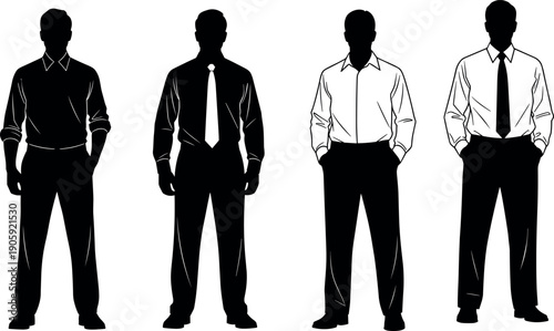 Set of four professional male silhouettes wearing formal business attire with dress shirts and ties in various black white styles