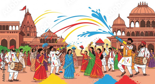 Vibrant indian festival celebration with colorful powders and traditional attire in historic architecture background