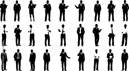 Set of Professional Business People Silhouettes in Formal Suits Standing in Various Poses for Corporate Team and Office Management Concepts