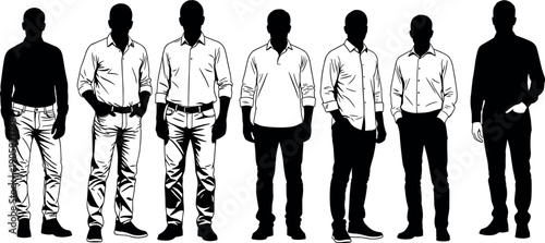 Set of seven minimalist male silhouettes in business casual attire wearing shirts and jeans for fashion sketches and graphic design.