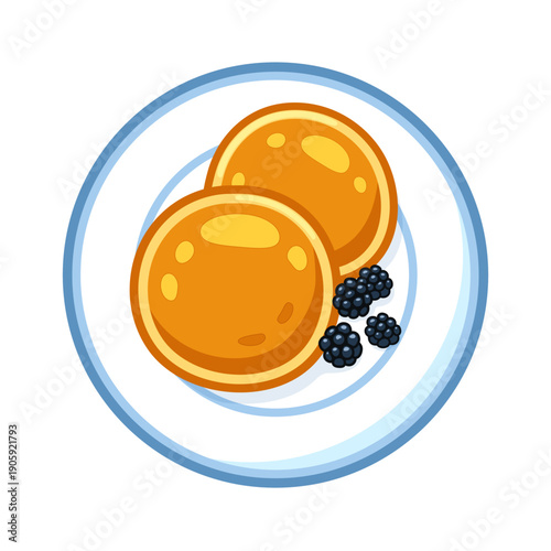 Pancakes with blackberries on a plate, breakfast food vector illustration isolated on white background