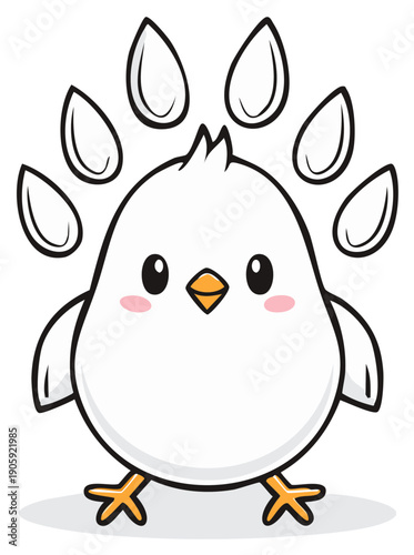 Cute cartoon white chick with feather details and rosy cheeks standing