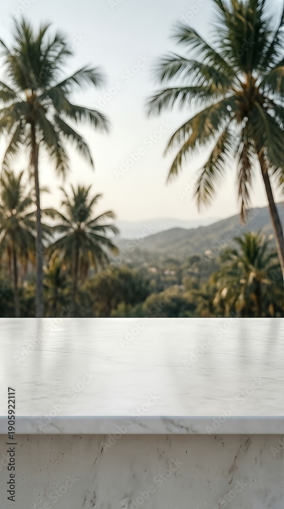 Fototapeta premium Marble countertop with tropical palm tree background