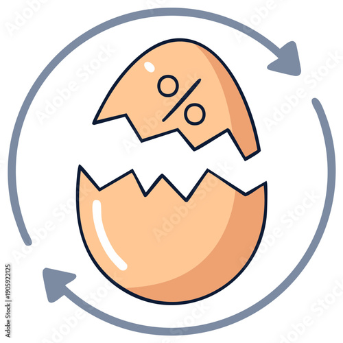 Conceptual icon of an egg shell with a percent sign inside the open shell and an arrow