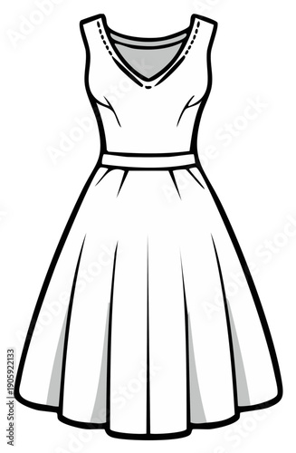 Simple outline of a sleeveless v-neck dress with a flared pleated skirt and a cinched waist.