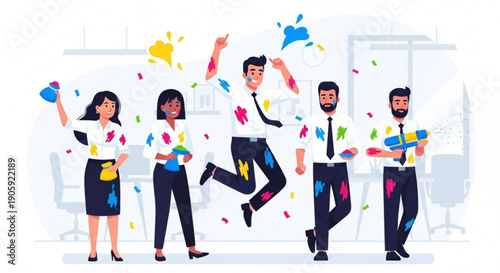 Business team celebrating success with colorful confetti in modern office space with joyful employees
