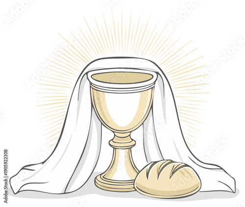 Illustration of a golden chalice, host bread, and white cloth, all radiating with heavenly light, symbolizing religious sacrament