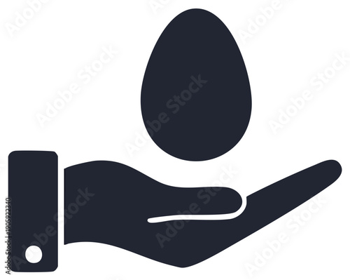 Stylized human hand gently holding a single egg icon representing care fragility and new beginnings