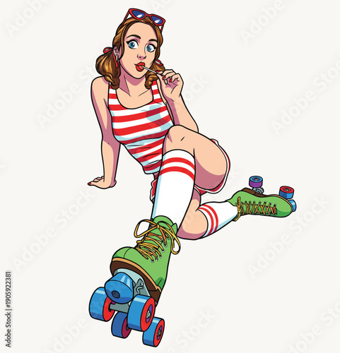 Retro pinup girl skating with lollipop