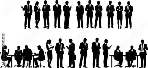 Silhouette of Business Professionals in Suits Standing Sitting and Talking in Office Meeting Group Vector Illustration for Corporate Workplace Concepts