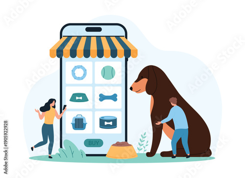 Online shopping for dog product in vet mobile app. Tiny people choose supplies food category in menu on phone screen, customers buy goods in veterinary store with canopy cartoon vector illustration