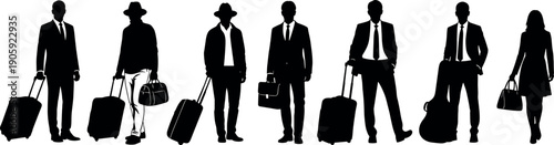 Silhouette of professional business people traveling with luggage suitcases and briefcases for corporate travel work trips and global airport commuting.