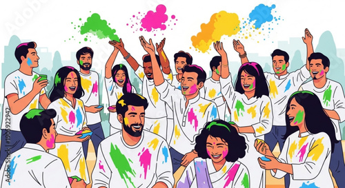Diverse group of young adults celebrating holi festival with colorful powder vibrant atmosphere joyful expressions white t shirts paint splatters fun and lively scene cultural