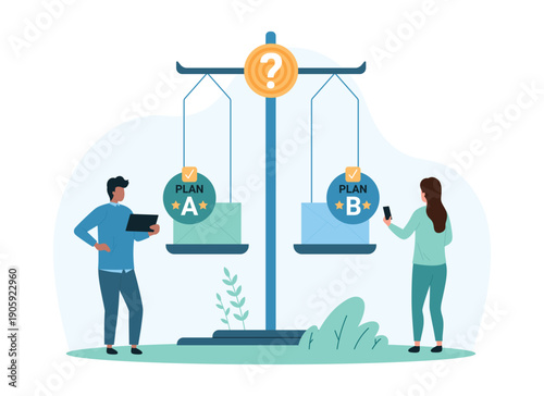 Business choice between alternative options, plan A and plan B strategy. Tiny people solve dilemma using balance scales, information analysis to choose right project cartoon vector illustration