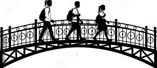 Silhouette of school students with backpacks walking across a decorative arched bridge, concept for education journey and pathway to success
