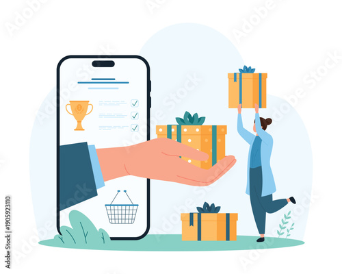 Giveaway, digital contest in social media with prizes, bonus card and voucher of online store. Hand from mobile phone screen holding gift box to give to happy tiny woman cartoon vector illustration