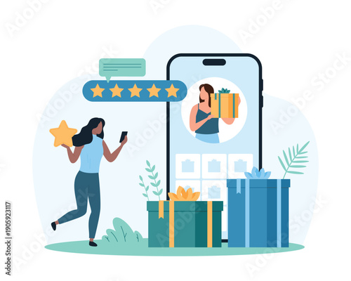 Giveaway from blogger or store, free services, gifts and prizes. Tiny woman holding rating star, girl on mobile phone screen with gift box advertising brand product cartoon vector illustration