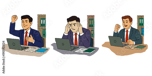 group of business people with laptop, different emotions while working in the office. 