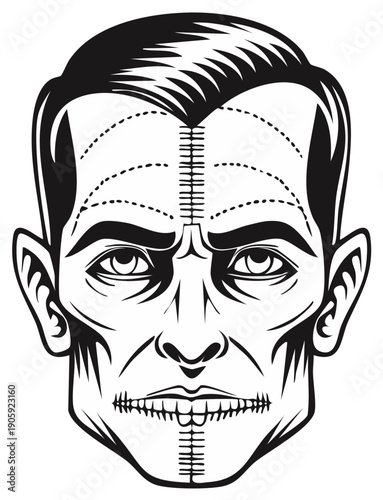 Frankenstein-style man with stitching and face modifications shows a disturbing and eerie facial expression in black and white