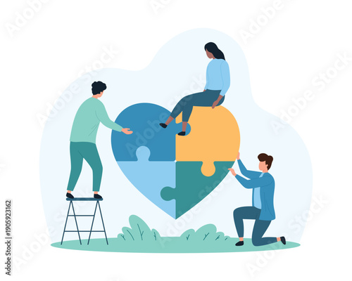 Social awareness, mental health care and support, help and love from community. Tiny people work together in unity and partnership, collect heart puzzle jigsaw symbol cartoon vector illustration