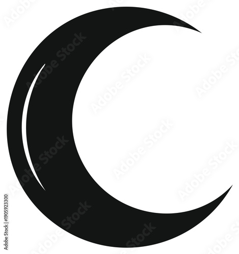 Minimalist black crescent moon shape silhouette for celestial and nighttime concepts, a design element.