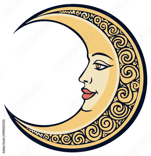 Decorative crescent moon with a serene woman's face and intricate ornate patterns