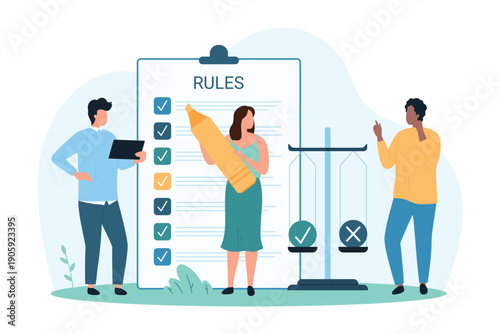 Business company policy, terms and rules, guideline. Tiny people reading information in document on clipboard with marker to control, making tick in restricted list cartoon vector illustration