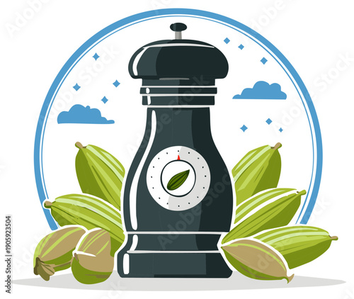 Illustration of a black pepper grinder surrounded by green cardamom pods with a circular background design for spices
