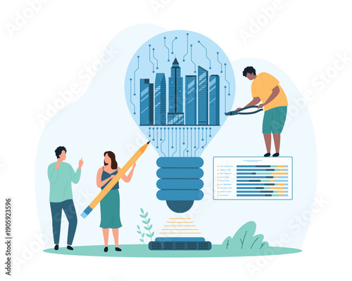 Green energy project development for futuristic city. Tiny people develop smart ideas to optimize infrastructure and urban communications management, electricity generation cartoon vector illustration