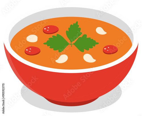 Delicious red bowl filled with hearty tomato soup, garnished with parsley and pepperoni slices for a vibrant presentation