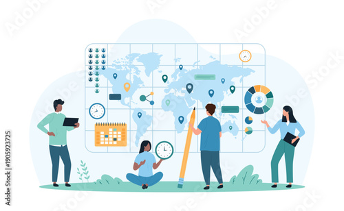 Sociology and demography, population data analysis. Tiny people with pencil research global location of social groups on world map, sociologists analyze statistics charts cartoon vector illustration